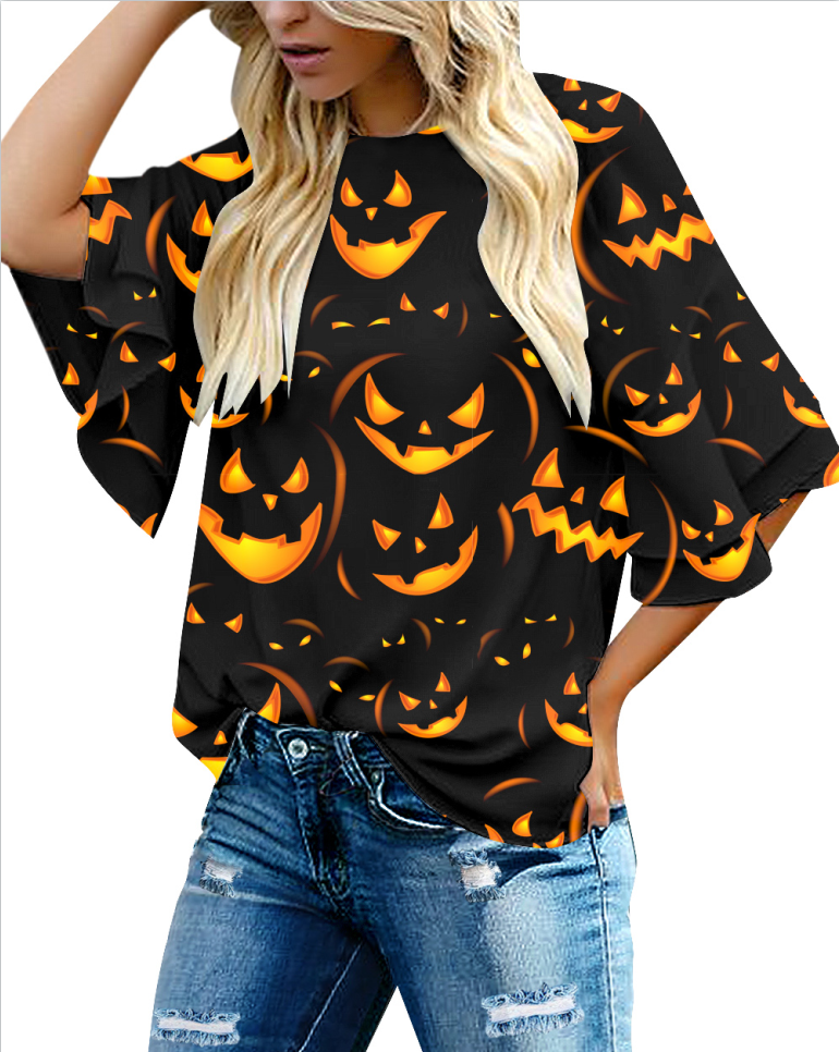 Ghukkuy Women's Crew Neck 3/4 Ruffle Sleeve Loose Casual Blouses Halloween Shirt Christmas Top