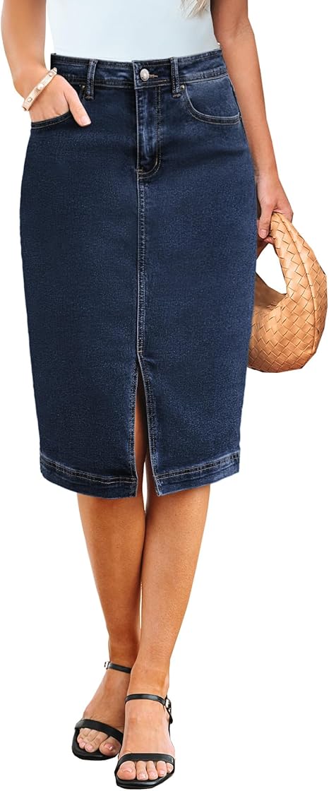 Ghukkuy  Women's Midi Length Casual Stretch High Waist Denim Skirt Fashion Casual Midi Skirt with Slits