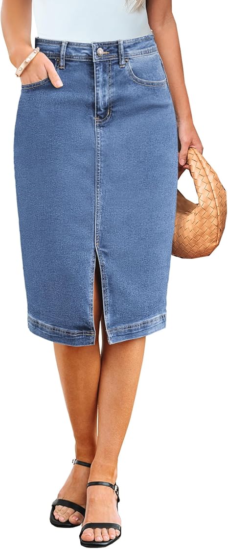 Ghukkuy  Women's Midi Length Casual Stretch High Waist Denim Skirt Fashion Casual Midi Skirt with Slits