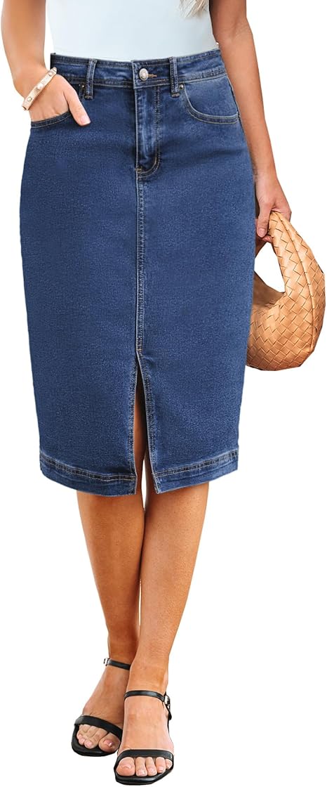 Ghukkuy  Women's Midi Length Casual Stretch High Waist Denim Skirt Fashion Casual Midi Skirt with Slits