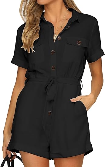 Ghukkuy  Women's Summer Short Sleeve Romper Button Closure with Pockets and Belt