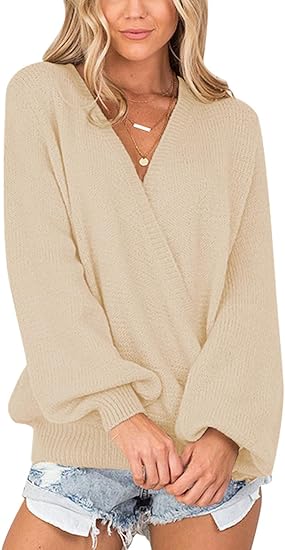 Ghukkuy  Women's Knitted Long Sleeved V Neck Sweater Top