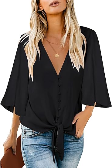 Ghukkuy  Women's Casual V-Neck 3/4 Sleeve Top Solid Color Button Shirt with Tie