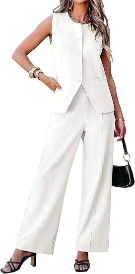 Ghukkuy  Women's Formal 2 Piece Sleeveless Suit Jacket and Business Casual Wide-leg Pants