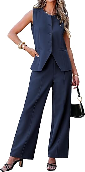 Ghukkuy  Women's Formal 2 Piece Sleeveless Suit Jacket and Business Casual Wide-leg Pants