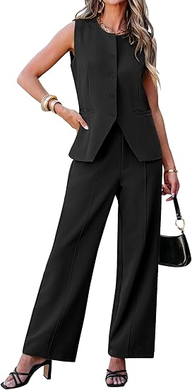 Ghukkuy  Women's Formal 2 Piece Sleeveless Suit Jacket and Business Casual Wide-leg Pants