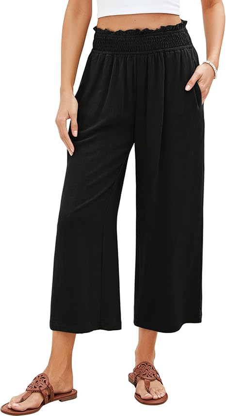 Ghukkuy  Women's High Waist Wide Leg Linen Capri Pants Loose Flowy Pants