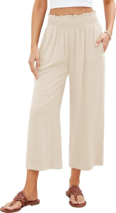 Ghukkuy  Women's High Waist Wide Leg Linen Capri Pants Loose Flowy Pants