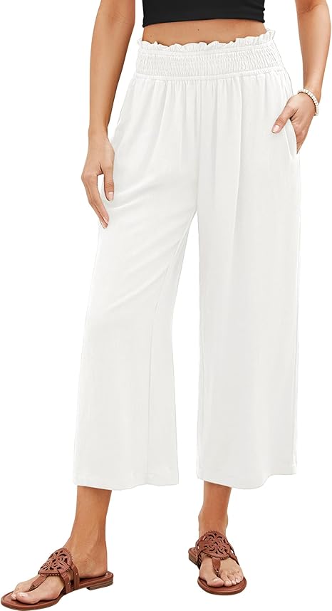 Ghukkuy  Women's High Waist Wide Leg Linen Capri Pants Loose Flowy Pants