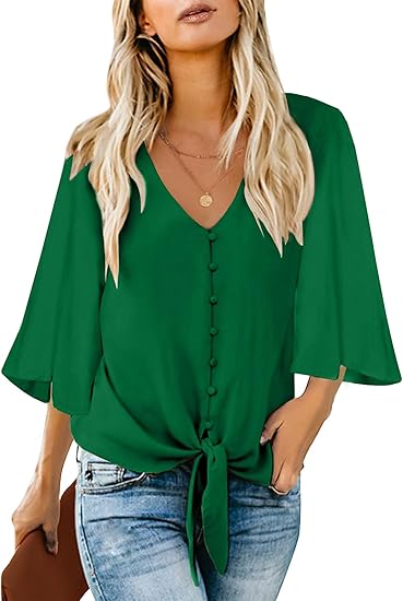 Ghukkuy  Women's Casual V-Neck 3/4 Sleeve Top Solid Color Button Shirt with Tie
