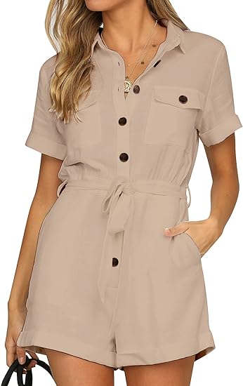 Ghukkuy  Women's Summer Short Sleeve Romper Button Closure with Pockets and Belt