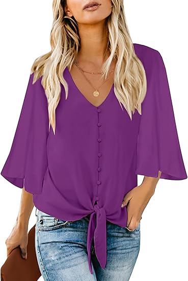 Ghukkuy  Women's Casual V-Neck 3/4 Sleeve Top Solid Color Button Shirt with Tie