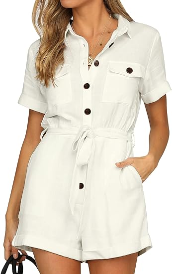 Ghukkuy  Women's Summer Short Sleeve Romper Button Closure with Pockets and Belt