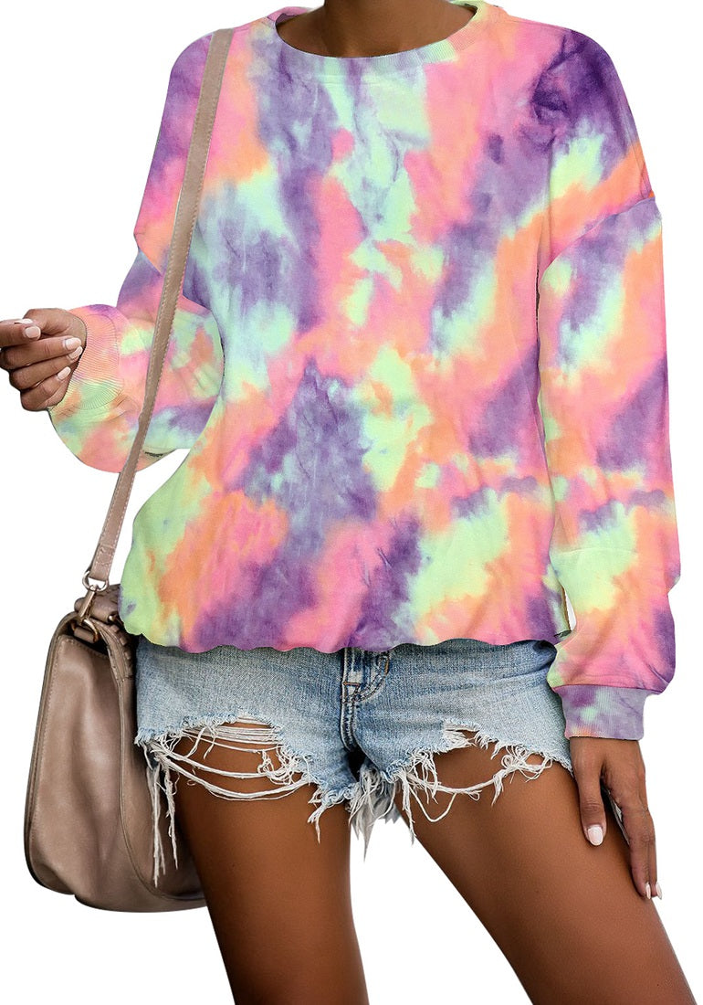 Ghukkuy  Women's Long Sleeve Crew Neck Tie Dye Sweatshirts Multicolour Fall Blouse Top