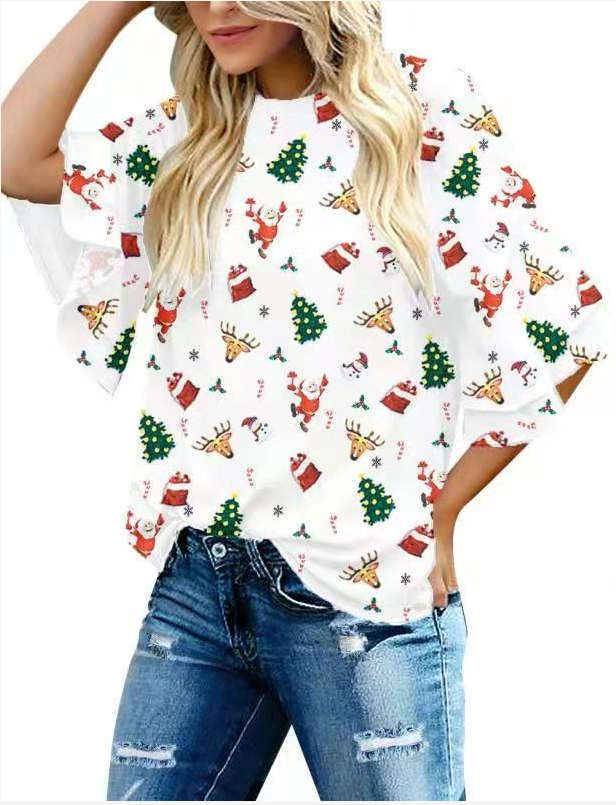 Ghukkuy Women's Crew Neck 3/4 Ruffle Sleeve Loose Casual Blouses Halloween Shirt Christmas Top