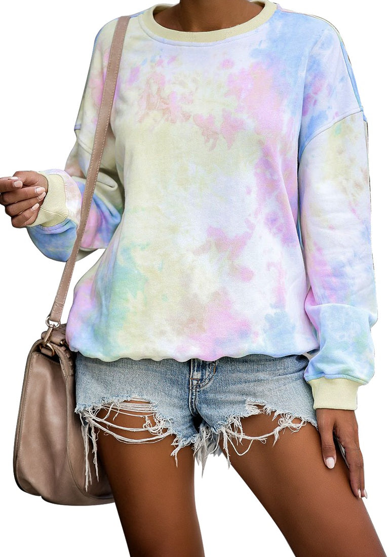 Ghukkuy  Women's Long Sleeve Crew Neck Tie Dye Sweatshirts Multicolour Fall Blouse Top