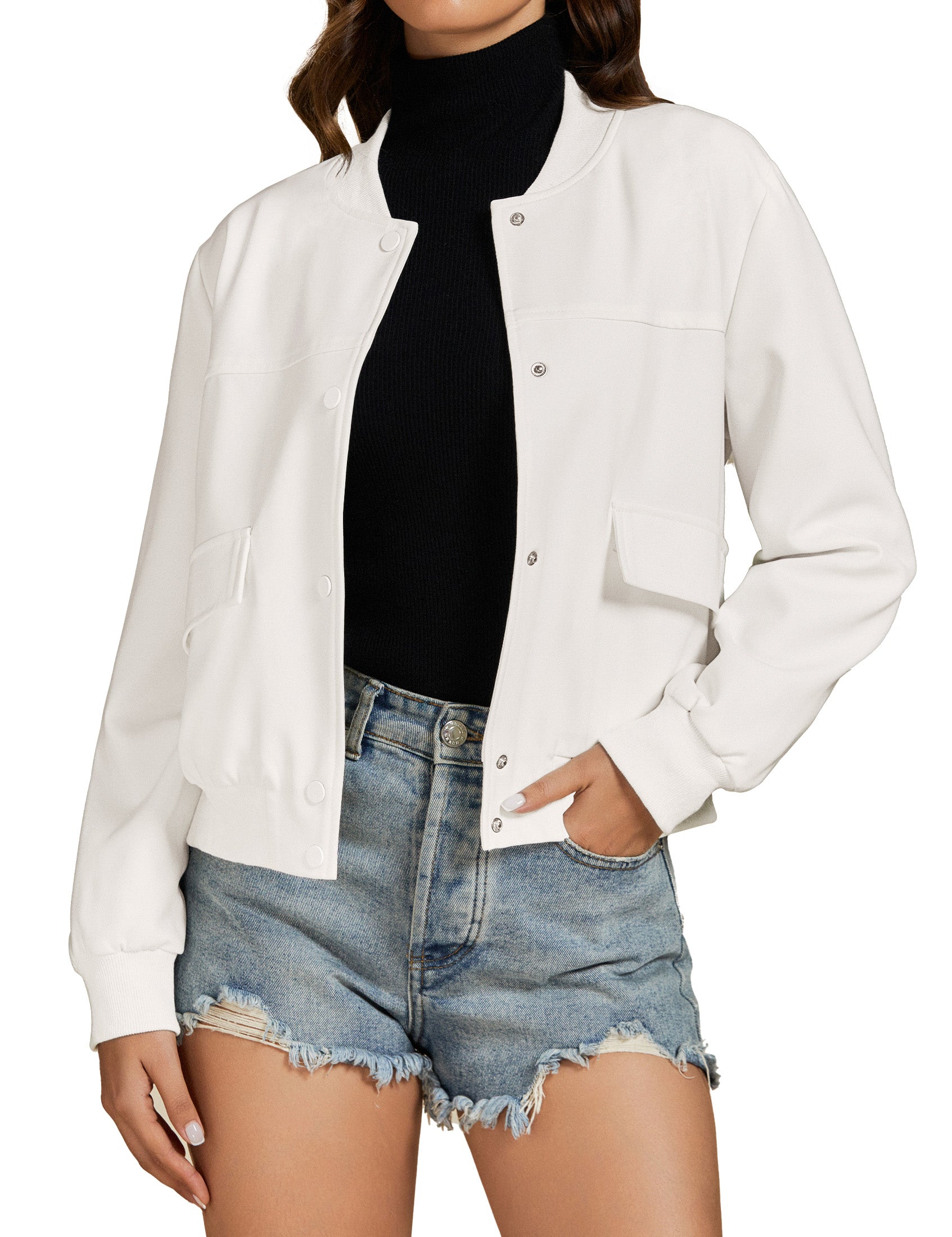 Ghukkuy Women's Cropped Jacket Long Sleeve Button Front Bomber Jacket Coat with Pockets