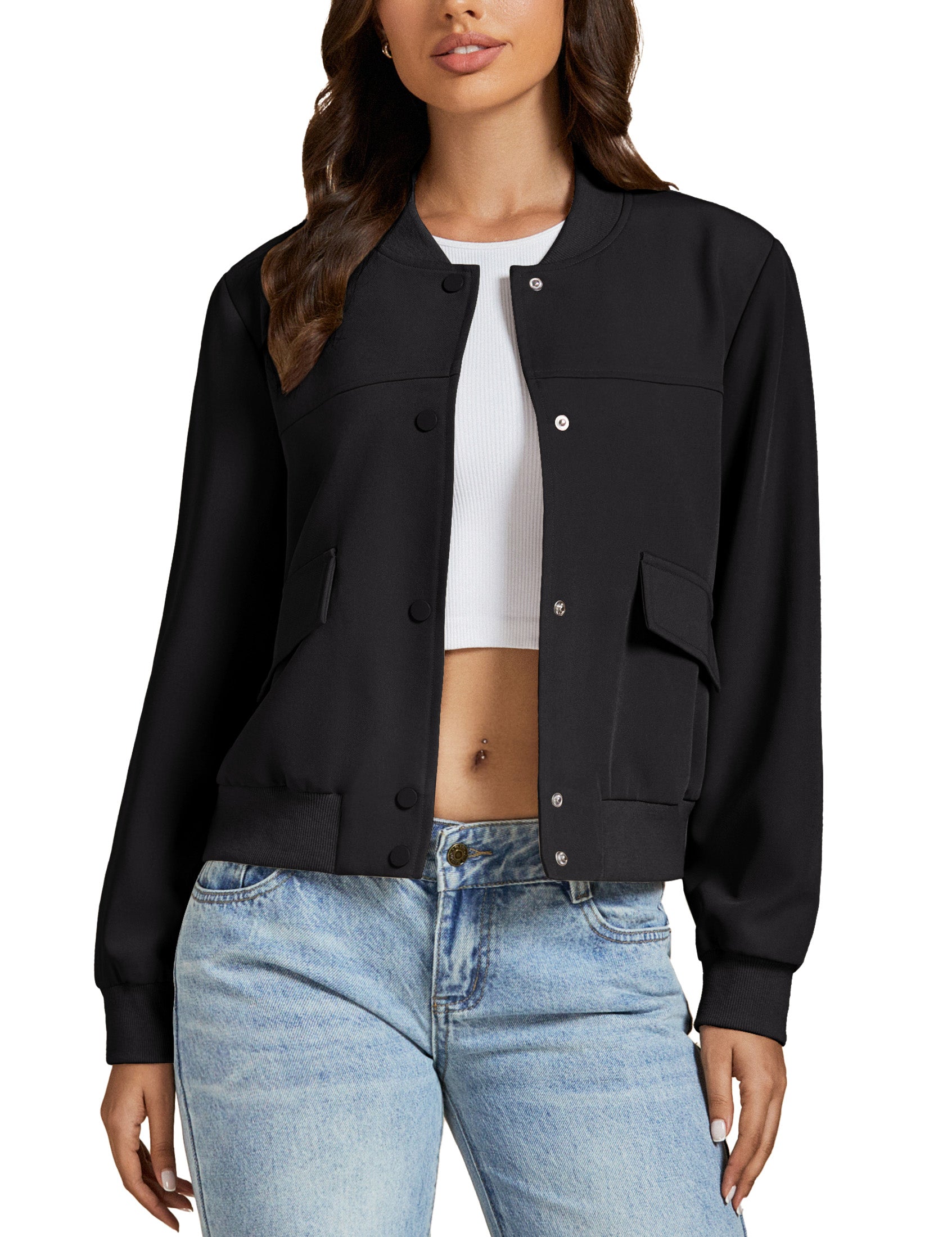Ghukkuy Women's Cropped Jacket Long Sleeve Button Front Bomber Jacket Coat with Pockets