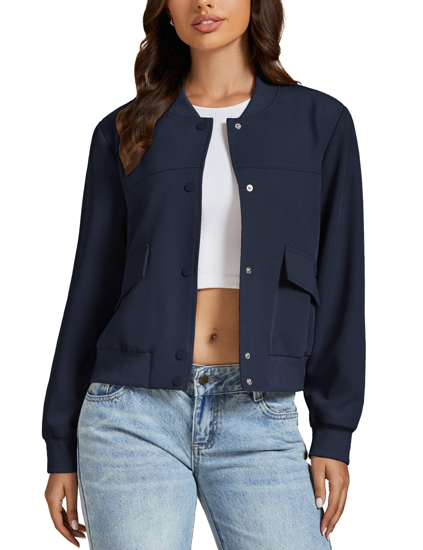 Ghukkuy Women's Cropped Jacket Long Sleeve Button Front Bomber Jacket Coat with Pockets