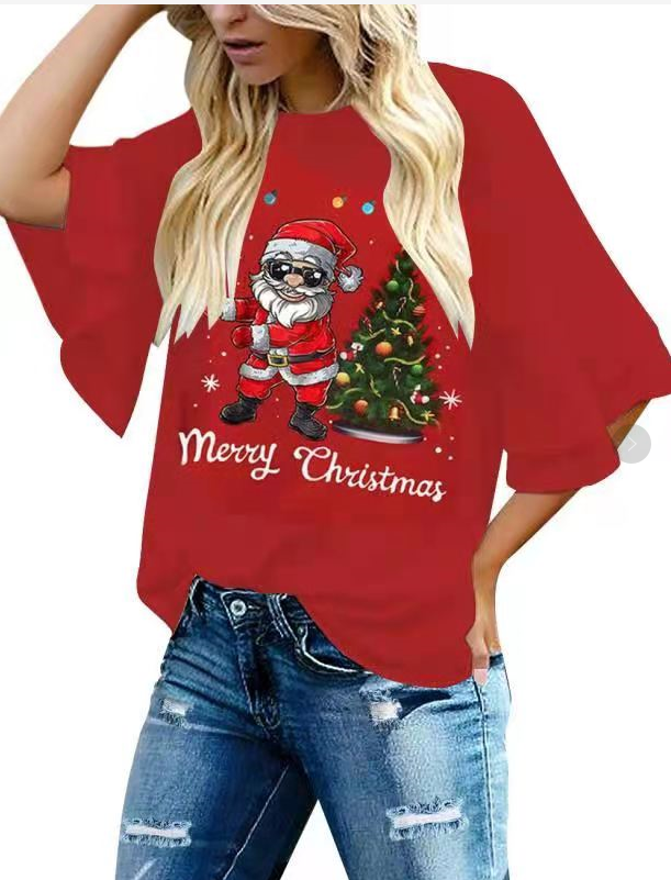 Ghukkuy Women's Crew Neck 3/4 Ruffle Sleeve Loose Casual Blouses Halloween Shirt Christmas Top