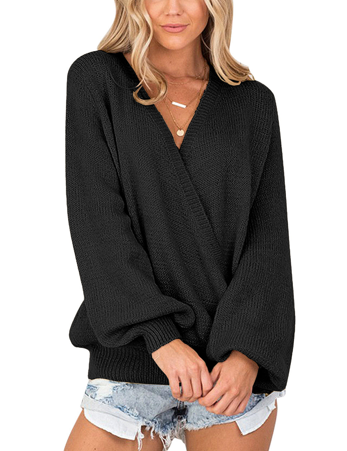 Ghukkuy  Women's Knitted Long Sleeved V Neck Sweater Top