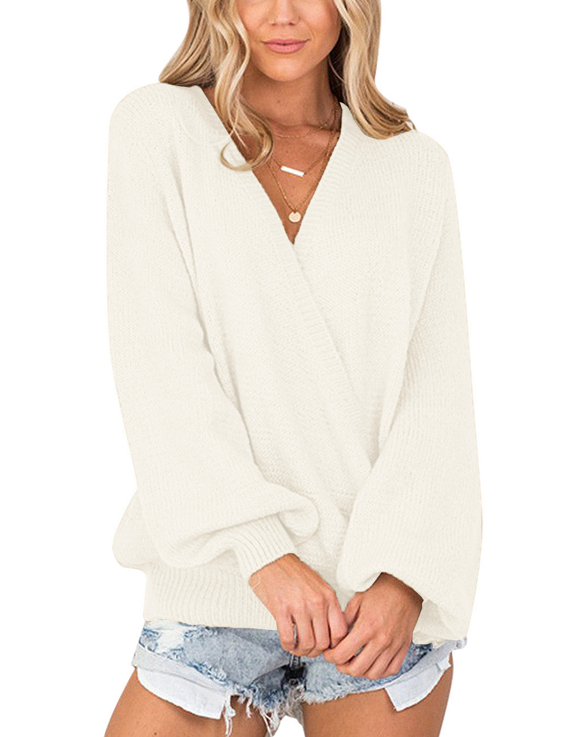 Ghukkuy  Women's Knitted Long Sleeved V Neck Sweater Top